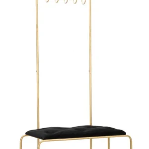 Banc en métal et velours noir doré avec porte-manteau et étagère à chaussures