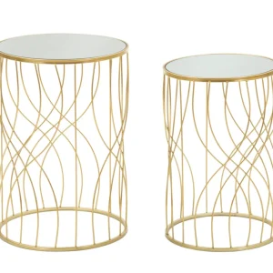 Table d’appoint ronde en métal doré et verre avec lignes géométriques (paire)