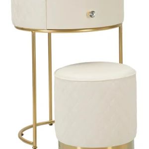 Table de chevet haute blanche avec tabouret – Ensemble moderne Sharon avec plateau en marbre