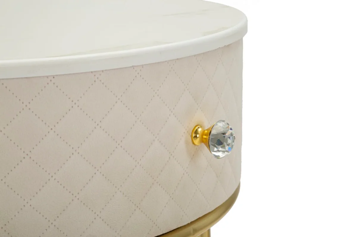 Table de chevet crème avec pouf assorti et plateau en marbre – Coiffeuse Velit – Image 7